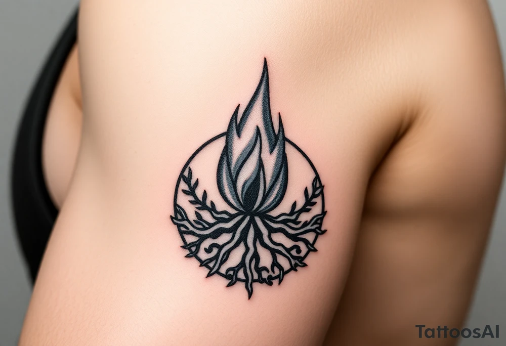 flame in a blooming roots circle tattoo idea