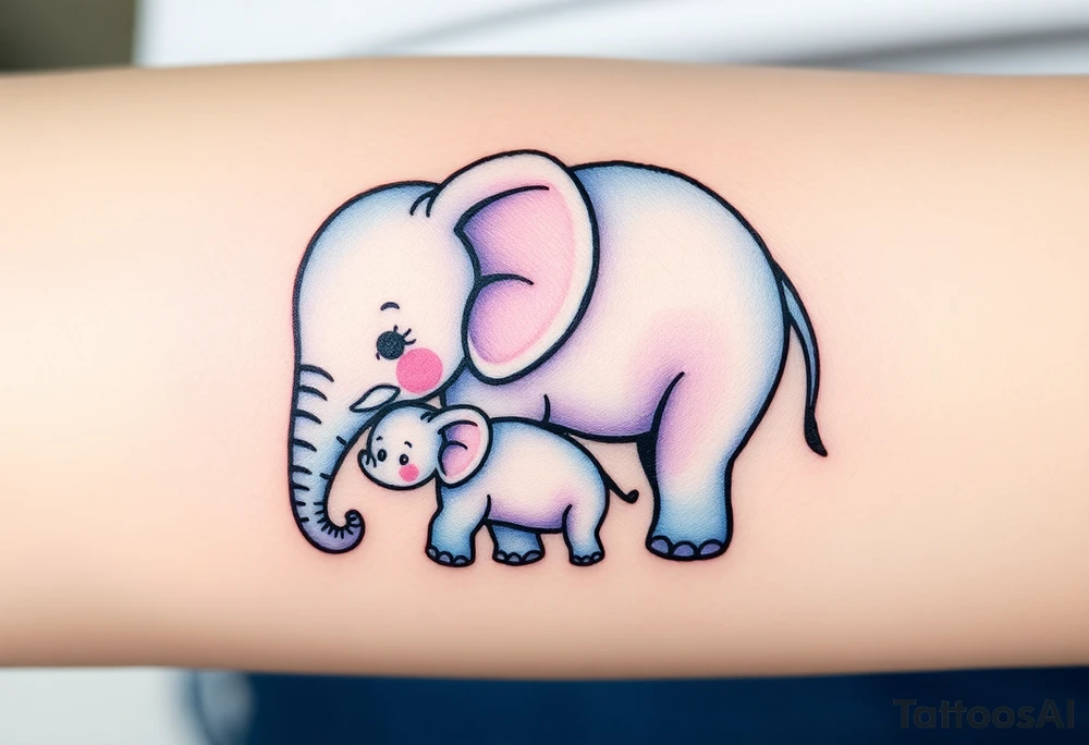 A mother elephant  with her baby, with soft blues and purples representing wisdom and protection. tattoo idea