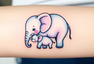 A mother elephant  with her baby, with soft blues and purples representing wisdom and protection. tattoo idea