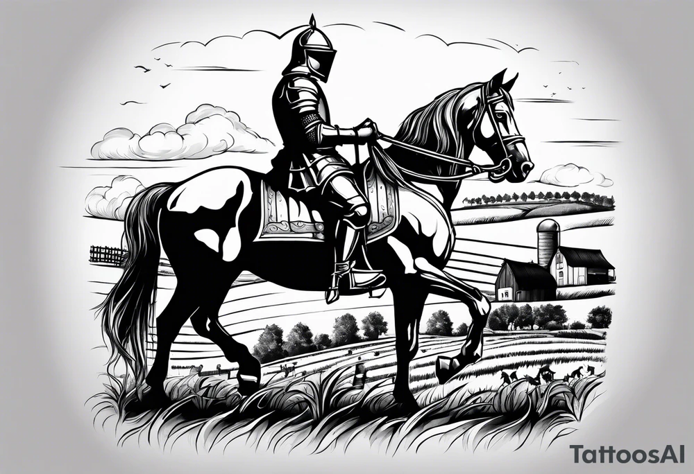a knight kneeling with an old farm in the background and horses in the netherlands tattoo idea