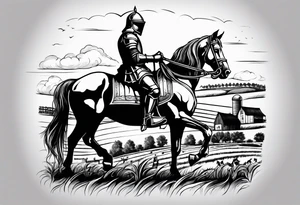 a knight kneeling with an old farm in the background and horses in the netherlands tattoo idea