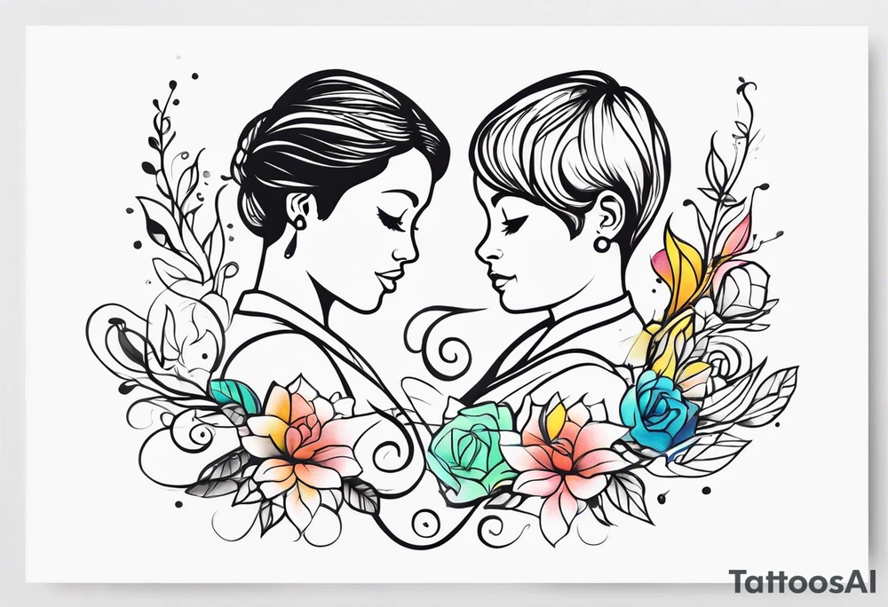 Draw a discrete and simple tatoo which represents my 2 kids whose names are Mila and Liam, with colors and very fine lines tattoo idea