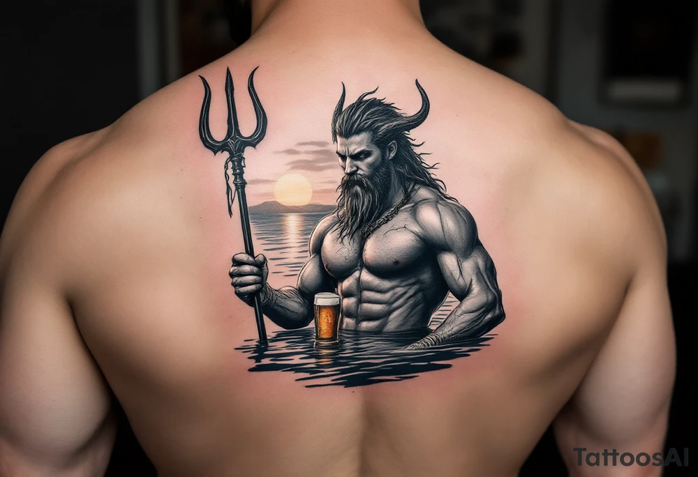 young, fit poseidon in calm water, behind a trident, holding a beer, with sunset tattoo idea