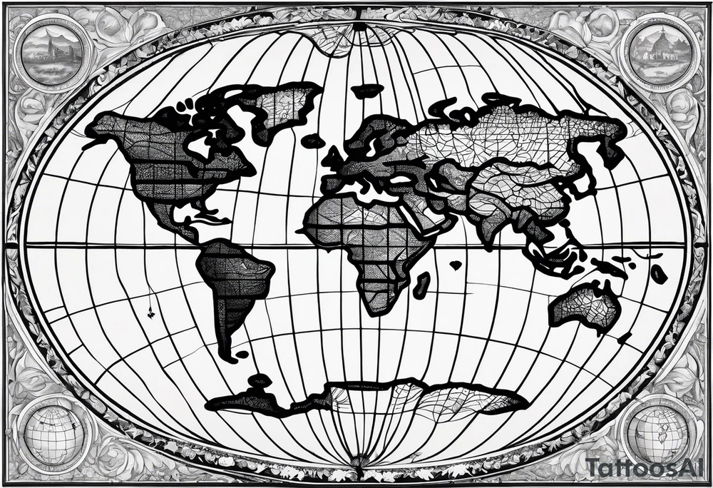 the earth on a flat map with light fading shading placed on a grid with only the lines with accurate depictions of the borders in countries while having it in an oval/circular position tattoo idea