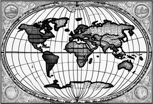 the earth on a flat map with light fading shading placed on a grid with only the lines with accurate depictions of the borders in countries while having it in an oval/circular position tattoo idea