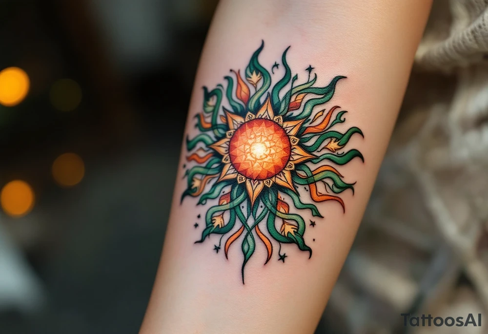 Intricately inked in forest green and burnt sienna, this Celtic sun glows with pagan warmth. tattoo idea