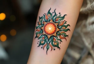 Intricately inked in forest green and burnt sienna, this Celtic sun glows with pagan warmth. tattoo idea