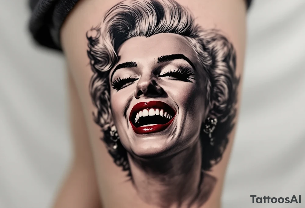 Monroe laughing, in black and grey, with her lips colored in deep crimson. tattoo idea
