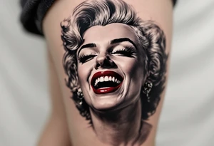 Monroe laughing, in black and grey, with her lips colored in deep crimson. tattoo idea