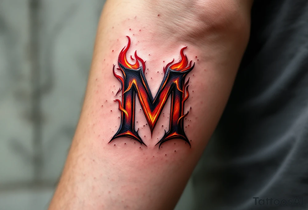 A flame-tipped "M" in gradient red to black, suggesting intensity and strength. tattoo idea