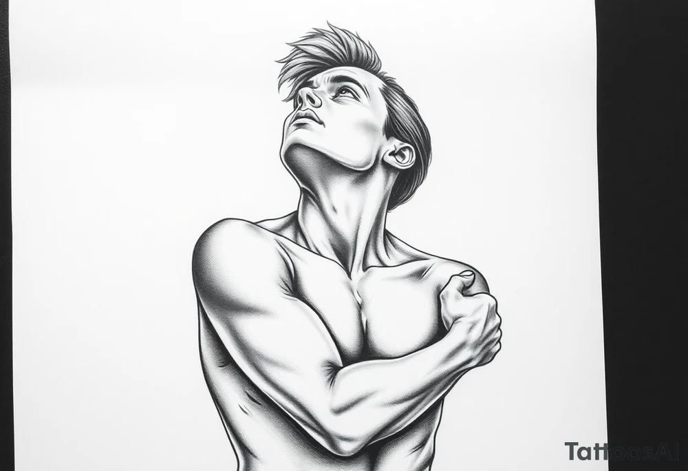 a naked man coveing his eyes and mouth and looking up the sky tattoo idea