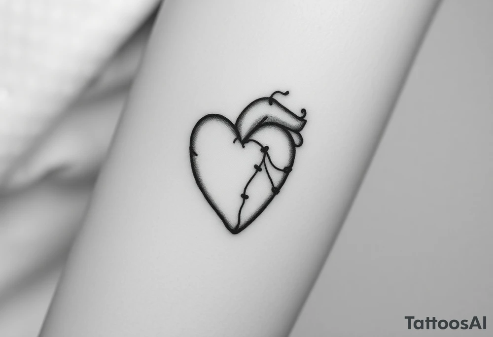 Black and gray fine line tattoo design of a small anatomical heart delicately stitched together with thin, graceful thread lines. The stitches should look gentle and intentional, symbolizing emotional healing, self-acceptance, and love for oneself. Add subtle texture and soft shading to give a poetic, tender feeling — the heart should feel warm, not broken. The style is elegant, feminine, and symbolic, around 7–8 cm, ideal for an arm placement. Avoid cartoonish elements, blood, sadness, or anatomical realism — focus on beauty, resilience, and rebirth through self-love. tattoo idea