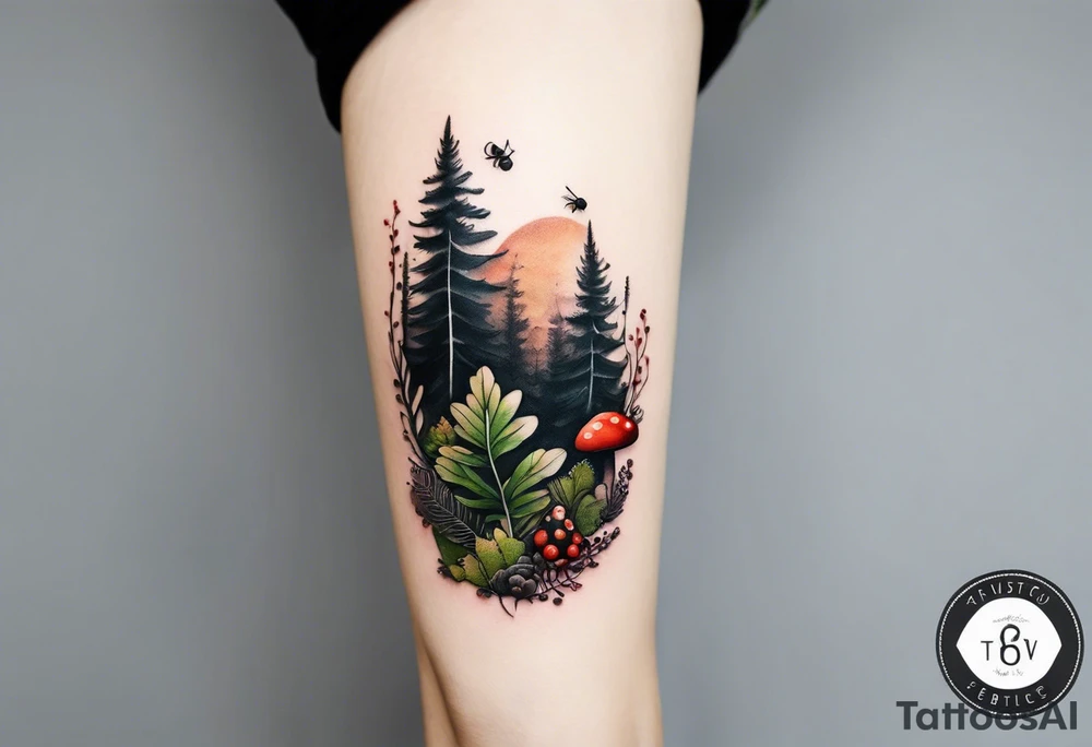 minimalistic forest floor inspired tattoo, which includes grass, moss, curly ferns and dead leaves as the bulk of the tattoo. details to include: forest berries, couple of very small brown mushrooms, a tiny bumblebee flying nearby tattoo idea