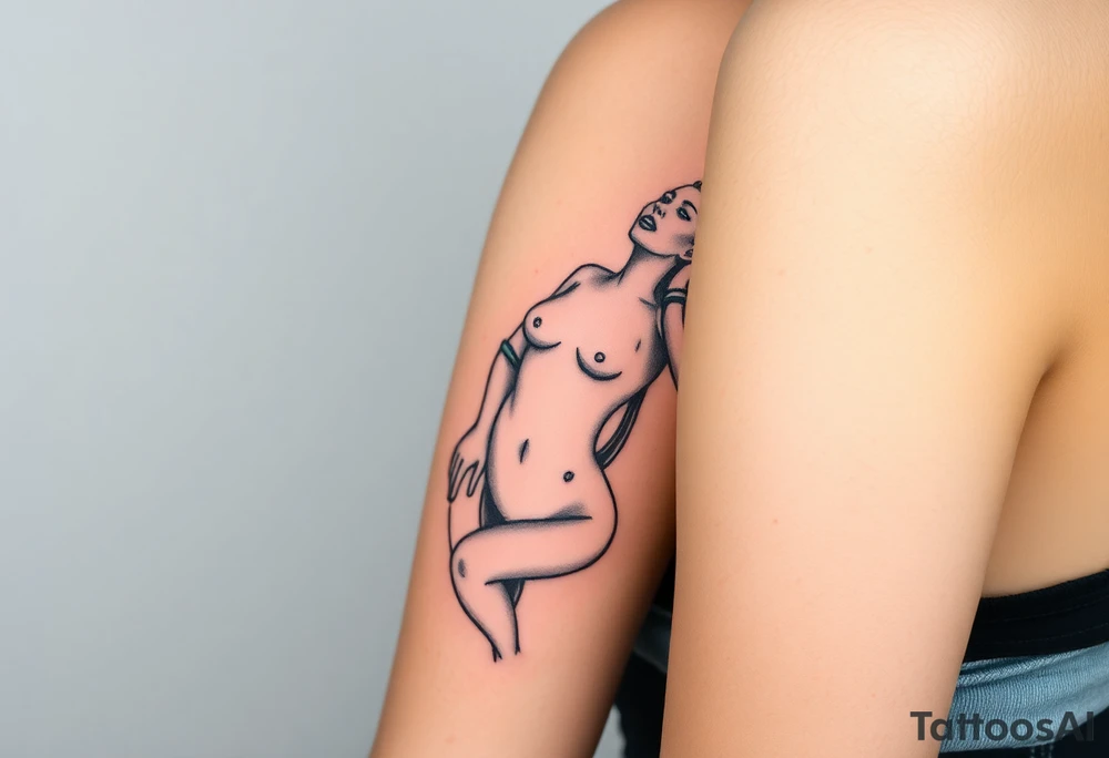 Naked Woman in restraints, with her mouth held agape by a man tattoo idea