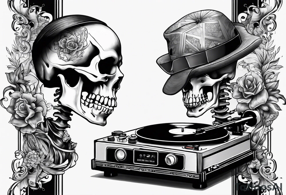 Skeleton listening to record player tattoo idea