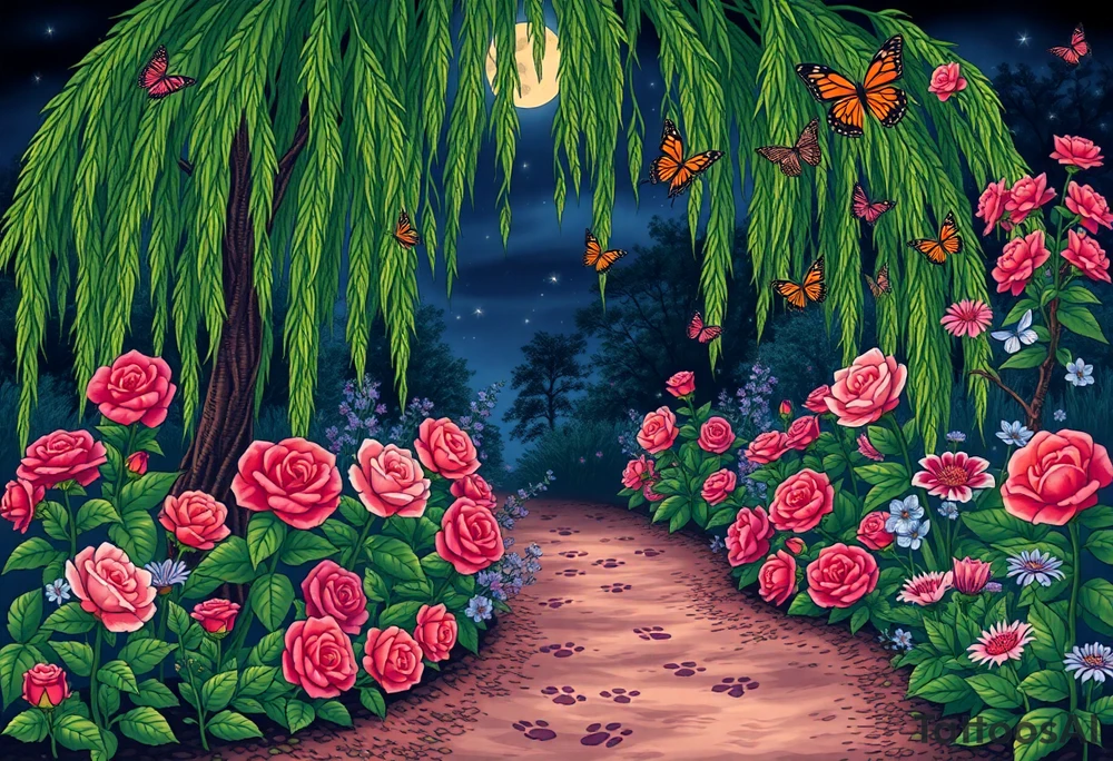Night time.  weeping willow garden with roses and liles flower beds. fantasy creatures, fairies, mermiads, dragons butterflies,  cat paw prints path in dirt. tattoo idea