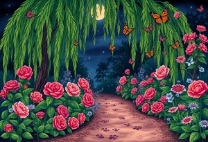 Night time.  weeping willow garden with roses and liles flower beds. fantasy creatures, fairies, mermiads, dragons butterflies,  cat paw prints path in dirt. tattoo idea