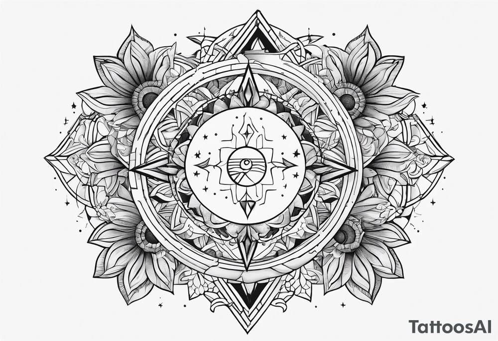 marriage, split tattoo, with geometric shapes and sun and moon tattoo idea