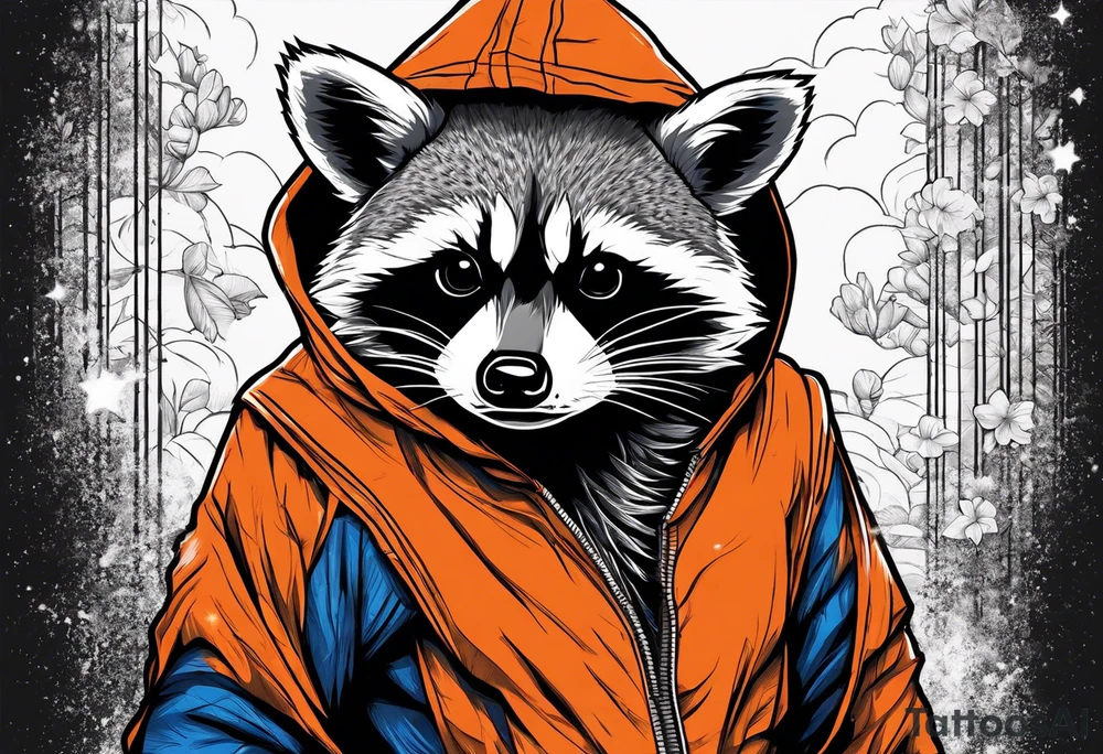 Raccoon wearing an orange Superman hoodie tattoo idea