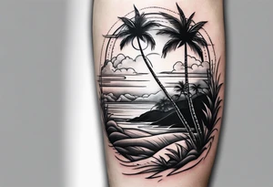 simple beach landscape on upper arm with palm trees tattoo idea
