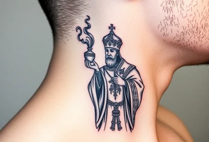 Russian Orthodox Priest in a fully detailed gold vestment swinging a censer with smoke curling upward tattoo idea