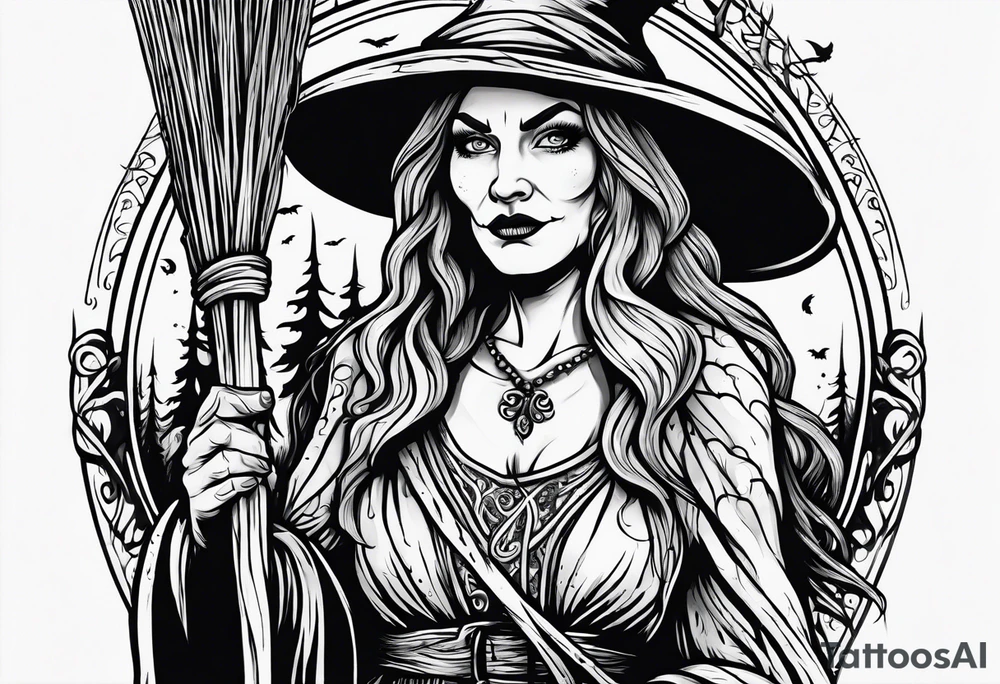 Slavic swamp witch with a broom creepy old ugly tattoo idea