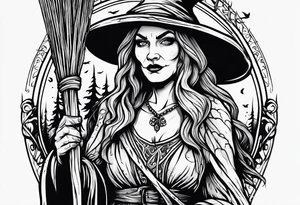 Slavic swamp witch with a broom creepy old ugly tattoo idea