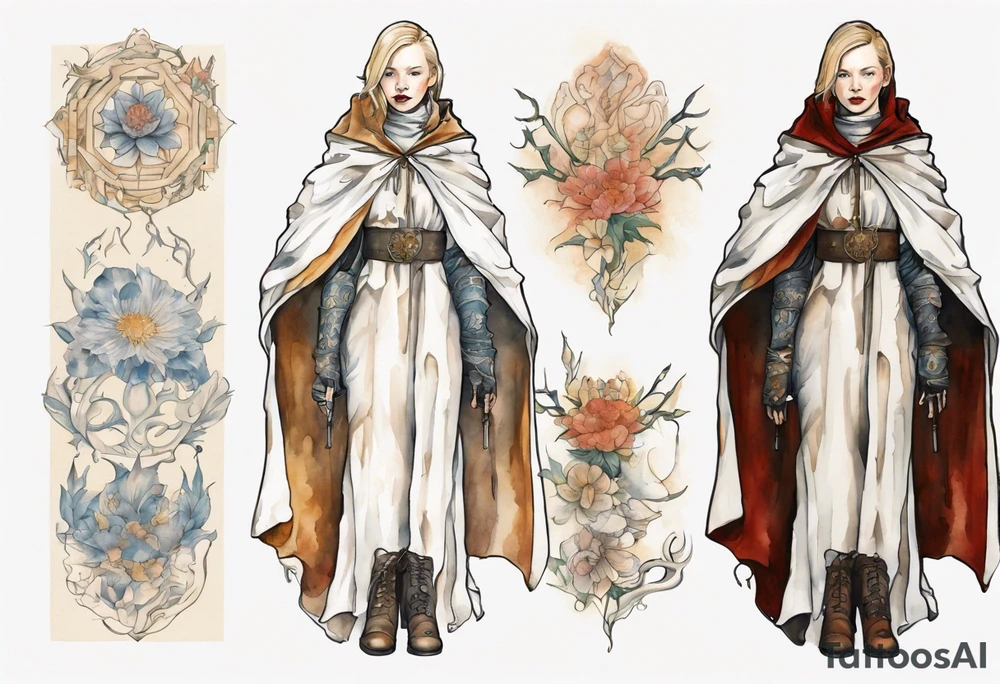 Cate Blanchette wearing white medieval cloak and boots tattoo idea