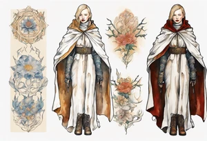 Cate Blanchette wearing white medieval cloak and boots tattoo idea