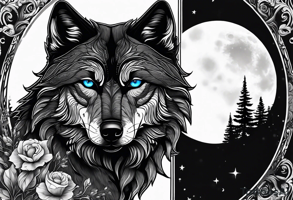 Blue eyes black wolf with moon and forest tattoo idea