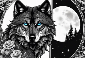 Blue eyes black wolf with moon and forest tattoo idea
