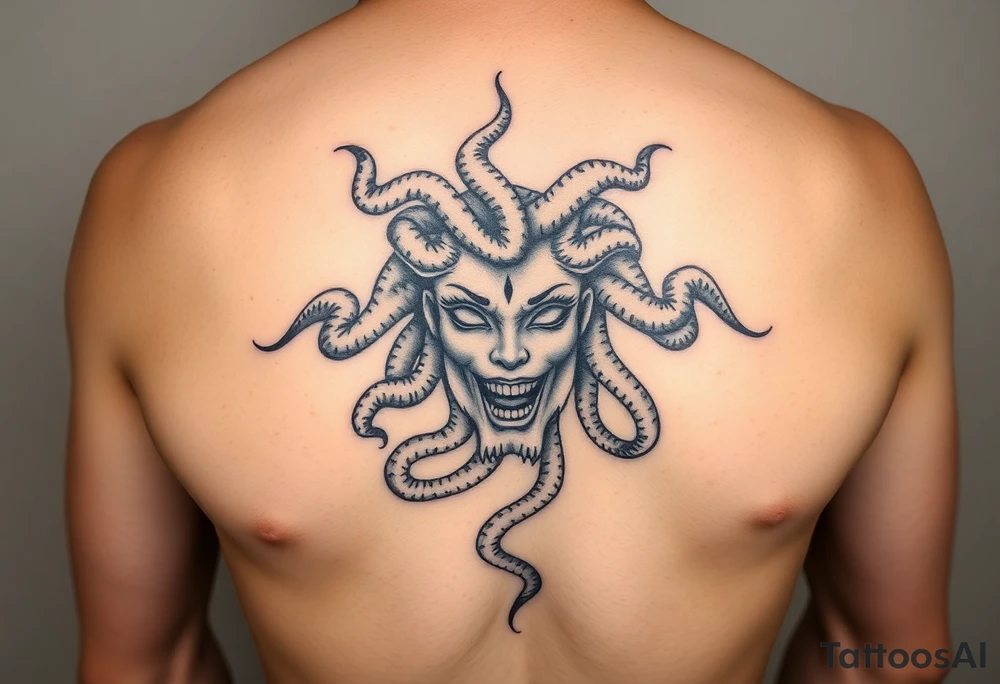 A Beautiful feminine sexy Medusa chest peice Black and white with shading tattoo idea