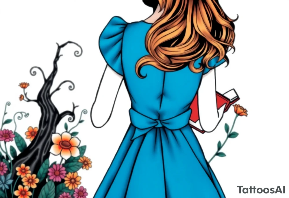 Alice (from Alice in wonderland) silhouette wearing a blue dress. Perspective from the back. She is caring a book, entering a garden with flowers and an orange tree tattoo idea