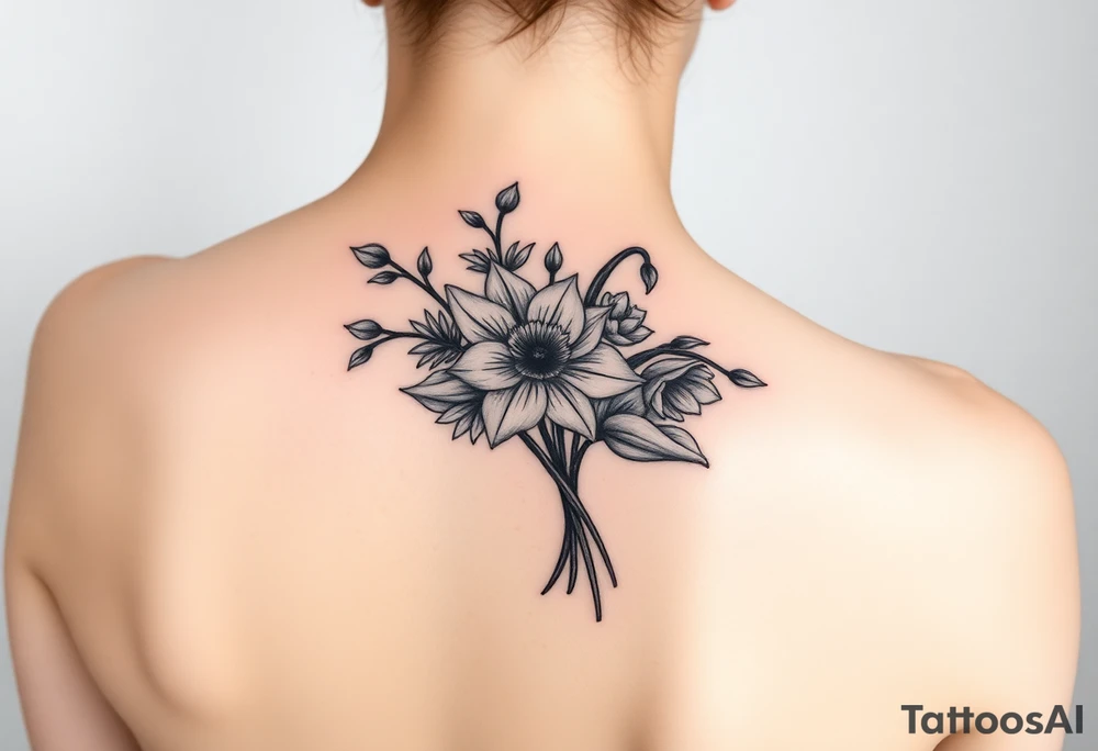 shoulder blade tattoo for women with bouquet of daffodils, daisy, lily of the valley tattoo idea