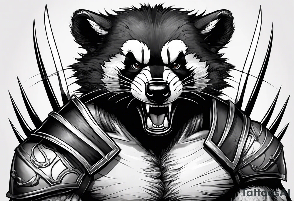 Draw me badger/wolverine with aggressive full body show, killer face with cute smile, very long nails and he attacks like a gladiator to enemy and also he has very deadly looking tattoo idea