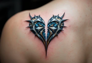 A metallic heart split down the middle, rusting at the edges with blue circuitry exposed inside, symbolizing a lost but once-powerful connection. tattoo idea