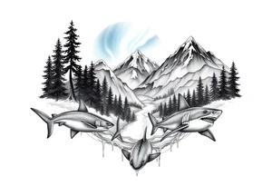 forest mountains under the northen lights with sharks. Contain everything in the shape of Africa tattoo idea