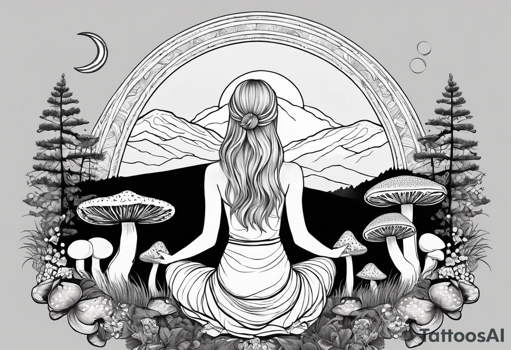 Straight blonde hair girl holding mushrooms in hand meditating facing away toward mountains surrounded by mushrooms crescent moon mandala circular design black and white striped dress tattoo idea