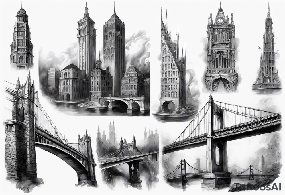 a bridge linking the top floor of two towers together tattoo idea