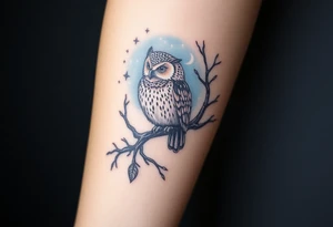 wise owl perched on ancient oak branch under starlit sky tattoo idea