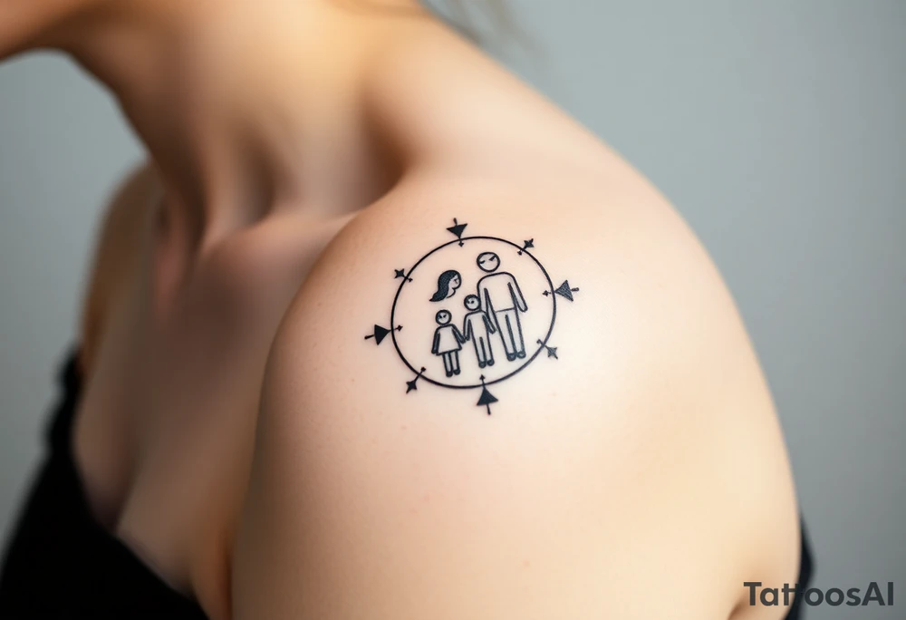 Magestic symbol of mom and dad with 3 kids surrounded by geometric patterns, Gemini sign, and ying yang tattoo idea