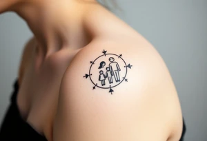 Magestic symbol of mom and dad with 3 kids surrounded by geometric patterns, Gemini sign, and ying yang tattoo idea