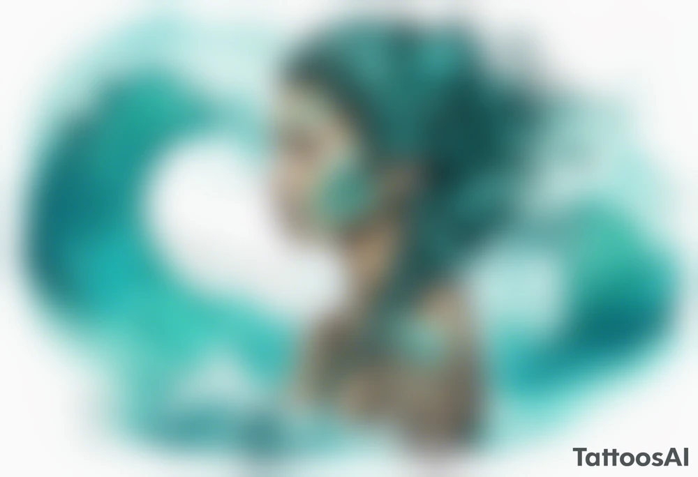 a turquoise Na'vi woman standing in the sea surrounded by crashing waves tattoo idea