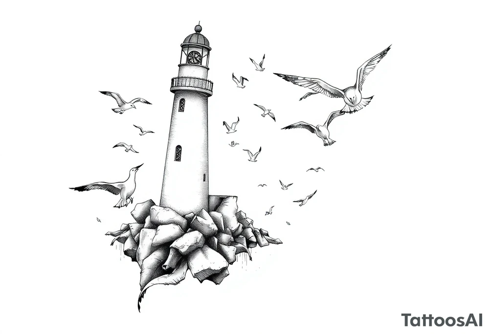 upper arm tattoo sea with lighthouse surrounded by seagulls tattoo idea