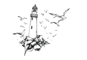 upper arm tattoo sea with lighthouse surrounded by seagulls tattoo idea