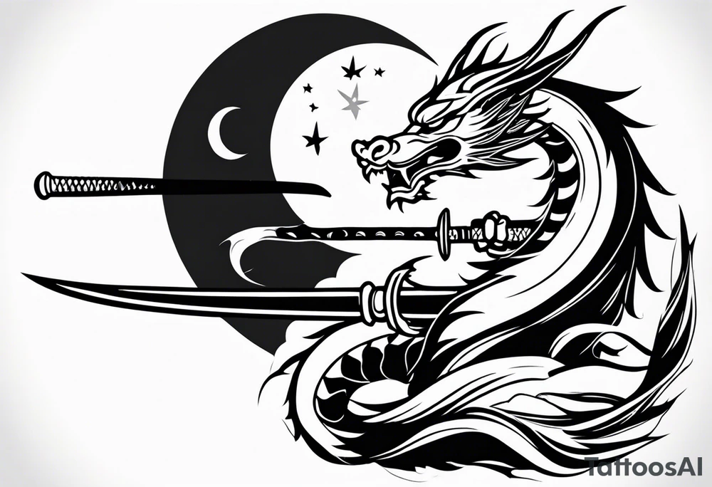 Japanese Dragon with a katana sword and the moon tattoo idea