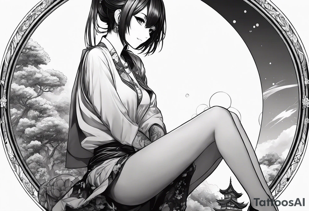 an anime girl sitting on a small sphere, staring front tattoo idea