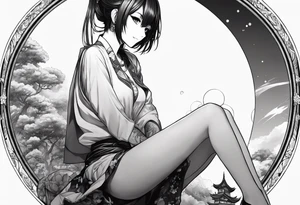 an anime girl sitting on a small sphere, staring front tattoo idea