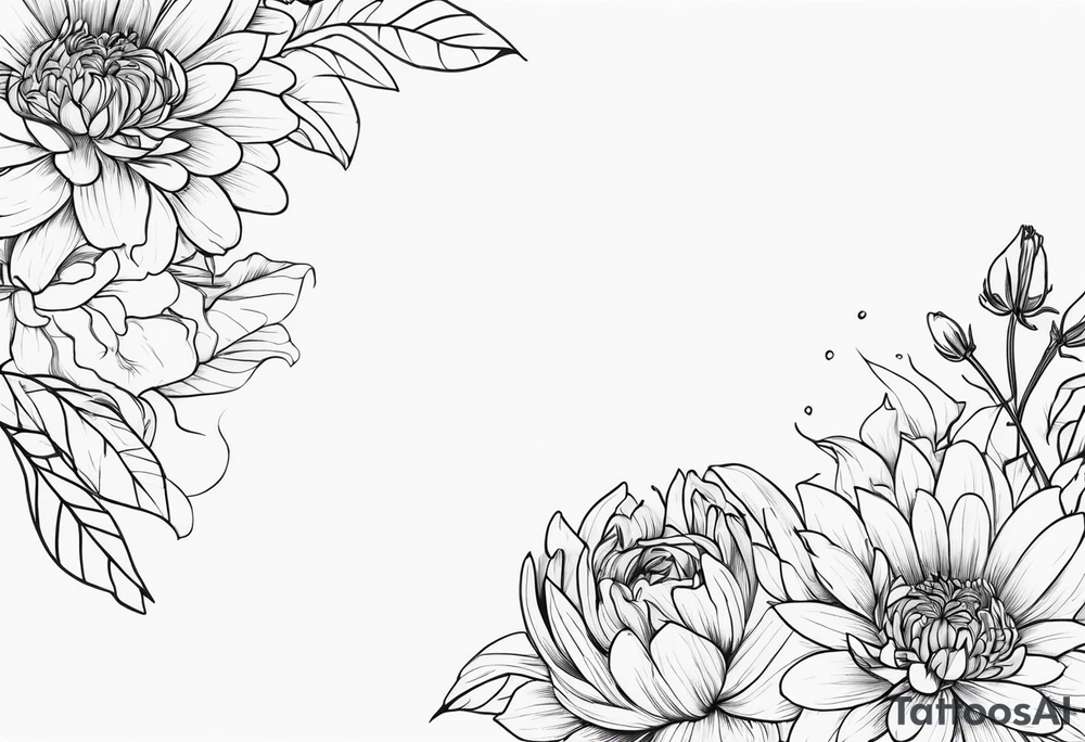 Asters, roses, Lillies, chrysanthemums in a stretched line tattoo idea