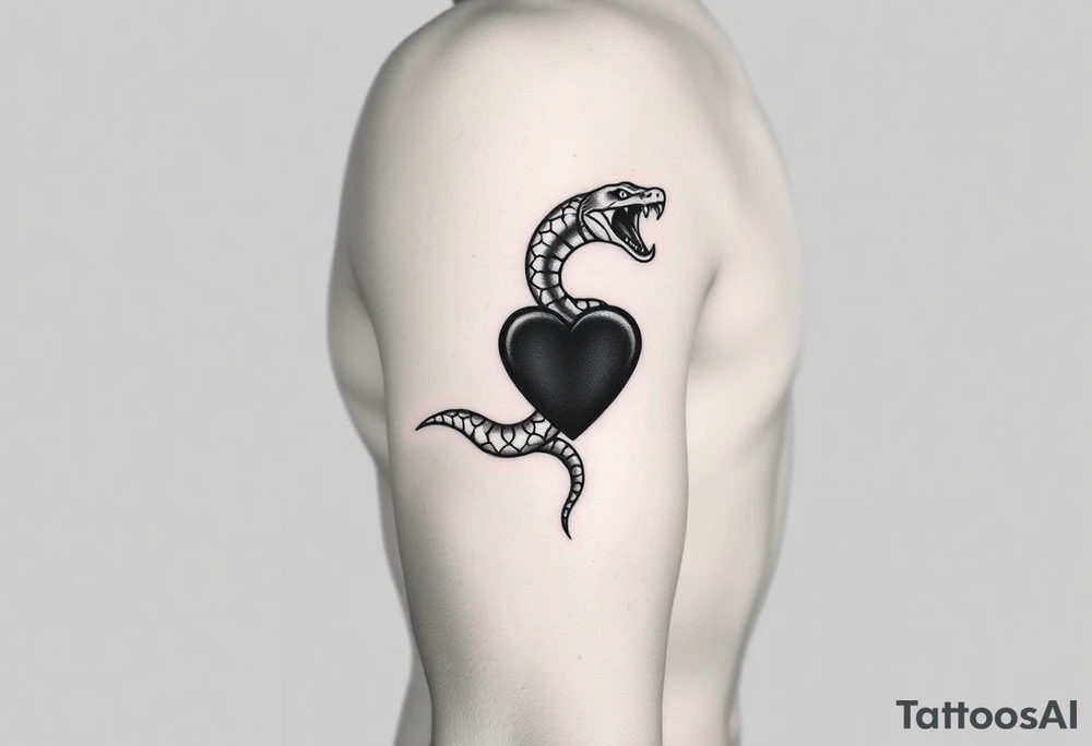Can you give an example of a snake tattoo that wraps around the elbow and ends on the forearm on the ulnar side? With the words jealous, shame, and black heart subtly incorporated. tattoo idea